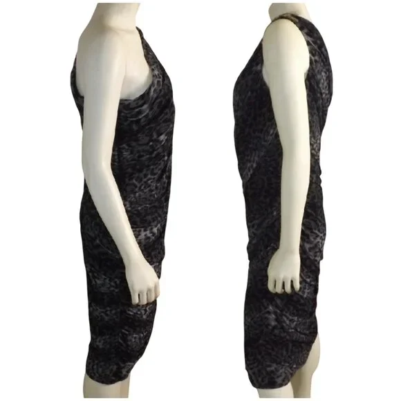 TADASHI SHOJI Evening Dress, XL, Grey Animal Print, Jeweled One Shoulder, Ruched - Picture 10 of 15